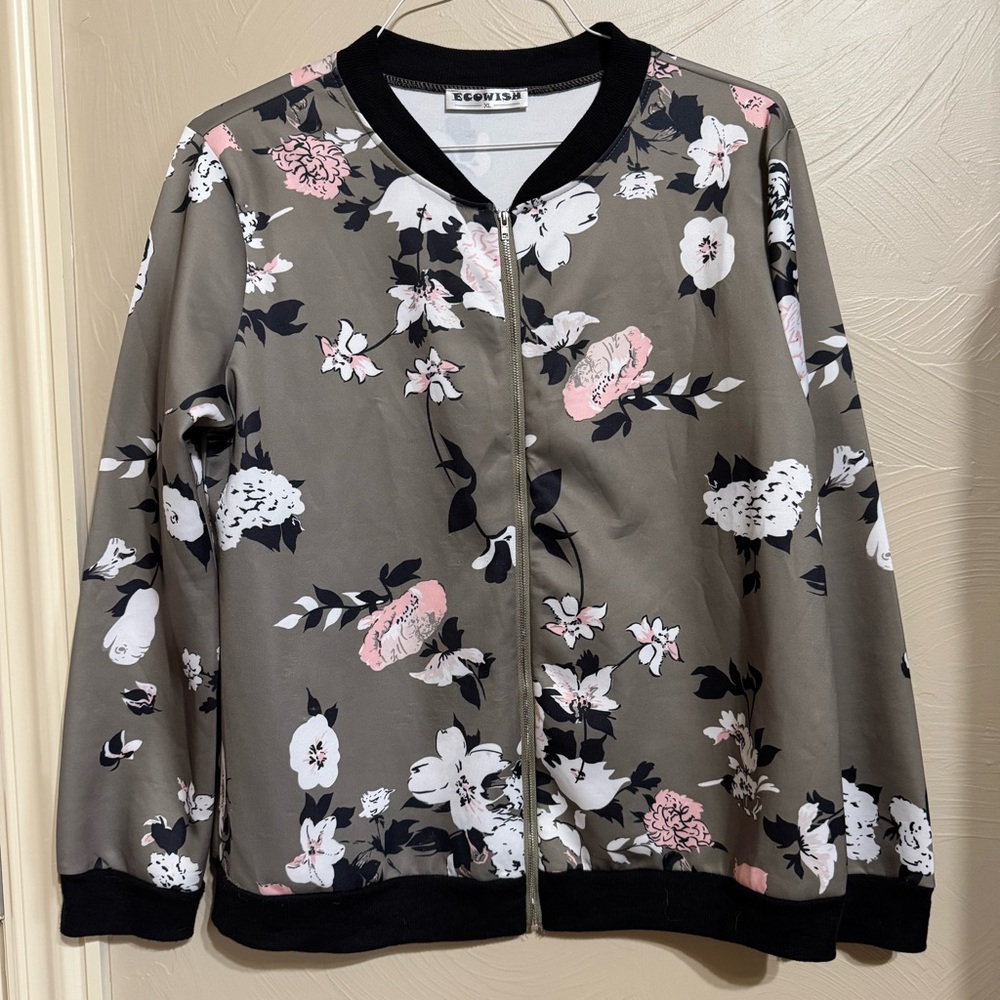 Women's Olive-Gray Bomber. Florals Colors are Black, Pink and White